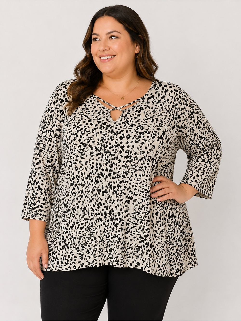 Lily Morgan XL Animal Print Crisscross Neck Top Black & Ivory Plus Size